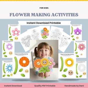 Könnte beinhalten: Eine druckbare Blumenbastelaktivität für Kinder. Das Bild zeigt verschiedene Blumendesigns, darunter eine rosa Blume, eine orangefarbene Blume und eine gelbe Sonnenblume. Der Text auf dem Bild lautet "Flower Making Activities" und "Instant Download Printable."