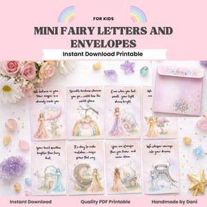 May include: A collection of mini fairy letters and envelopes, perfect for kids. The set includes illustrated cards with inspirational quotes and images of fairies, along with a matching envelope. The words "Instant Download Printable" are also visible.