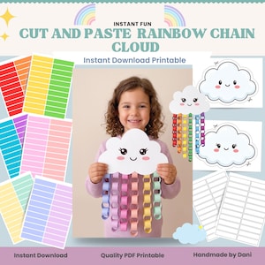 May include: A printable craft kit featuring a smiling cloud with a rainbow chain design. The kit includes colorful paper strips for cutting and pasting, with the text "CUT AND PASTE RAINBOW CHAIN CLOUD" and "Instant Download Printable".
