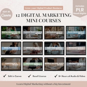 12 Mini-Course Digital Marketing Bundle Canva Templates + PLR Audio Courses with Online Income Strategies, Instagram Marketing Training