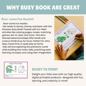 What's Included:
You’ll receive a high-quality PDF file with 63 pages of hands-on, screen-free activities, including:

✏️ Copy & Color Pages – Practice handwriting, tracing, and coloring with dinosaur friends
🔵 Dot to Dot Worksheets – Boost number recognition & fine motor control
🎨 I Can Draw Activities – Spark creativity and visual thinking with dino doodles
✂️ Cut & Glue Pages – Build scissor skills and hand-eye coordination