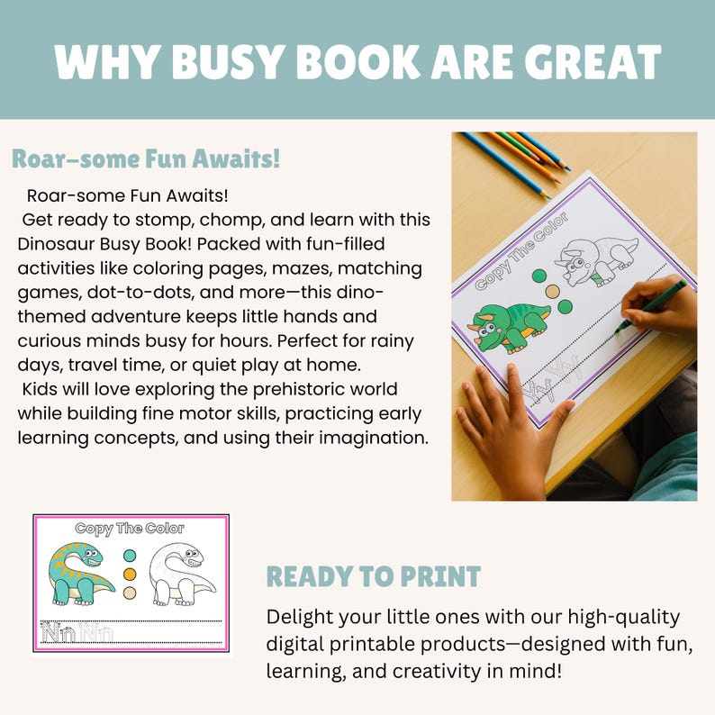 What's Included:
You’ll receive a high-quality PDF file with 63 pages of hands-on, screen-free activities, including:

✏️ Copy & Color Pages – Practice handwriting, tracing, and coloring with dinosaur friends
🔵 Dot to Dot Worksheets – Boost number recognition & fine motor control
🎨 I Can Draw Activities – Spark creativity and visual thinking with dino doodles
✂️ Cut & Glue Pages – Build scissor skills and hand-eye coordination