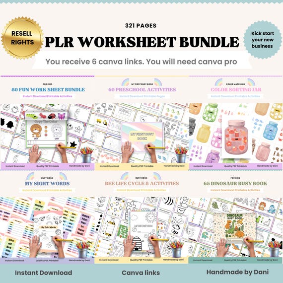 Kids Worksheets PLR Bundle – 6 Editable Activity Sets for Ages 4+ Canva Template | Printable Worksheets | Commercial Use Allowed