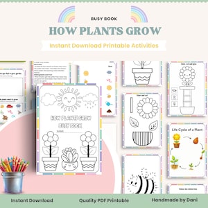 May include: A printable "How Plants Grow" busy book with various activities, including coloring pages, dot-to-dot, and cut-and-paste exercises. The cover features a smiling sun, clouds, and potted flowers. Includes a pencil holder with colorful pencils.