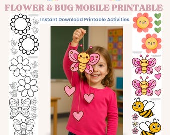 Nature Craft Mobile Printable: Kids Coloring Activity, Hanging Flower & Bug Craft (PDF Download)