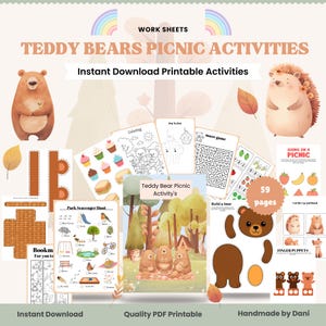 Teddy Bears Picnic Activity Bundle Printable Crafts, build a bear, Scavenger Hunt, Worksheets, dot to dot & Games for Kids Fun Learning Pack