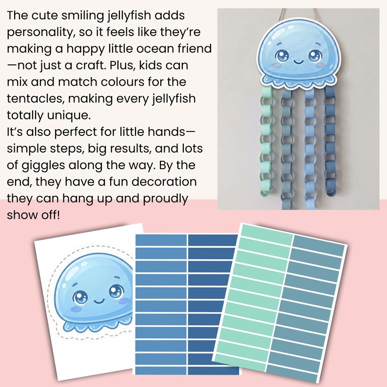 This printable is designed to be simple, engaging, and full of creativity. Kids can colour, cut, and build their jellyfish while developing fine motor skills and confidence. The chain-style tentacles add an extra layer of fun and movement, making it more than just a craft—it’s a decoration they’ll be proud to hang up!