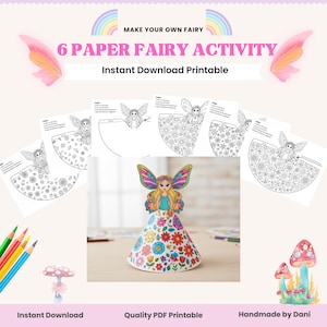 May include: A paper fairy activity kit with the text "Make Your Own Fairy" and "6 Paper Fairy Activity." The kit includes a finished fairy, coloring pages, and colored pencils. The fairy has a floral dress and butterfly wings.