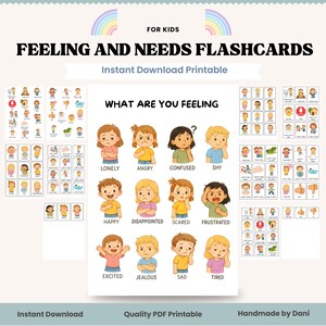 Op de afbeelding: Een set afdrukbare flashcards voor kinderen, met illustraties van kinderen die verschillende emoties uitdrukken. De kaarten bevatten woorden als "eenzaam", "boos" en "opgewonden". De tekst "Feeling and Needs Flashcards" staat bovenaan.