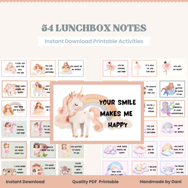 Printable Lunchbox Notes for Kids – Cute Rainbow, Star, Fairy, Princess ...