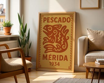 Pescado Aztec Mexican Folk Art, Vintage Aztec Poster Art Mexican Culture Print Vintage Mayan Wall Art Mexican Folk Poster Vintage Mexico Art