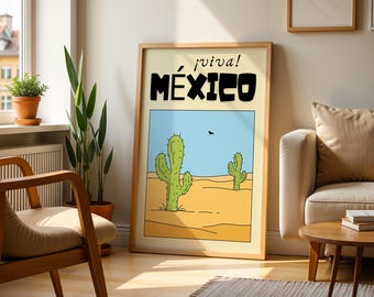May include: A framed poster with a cartoon illustration of cacti in a desert landscape. The poster has the text "¡viva! MEXICO" in black letters.