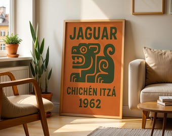 Jaguar Aztec Mexican Wall Art, Vintage Aztec Poster Art Mexican Culture Print Vintage Mayan Wall Art Mexican Folk Poster Vintage Art Print