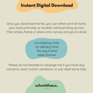Puede incluir: Gr&aacute;fico de descarga digital con el texto "Descarga digital instant&aacute;nea". Texto adicional explica c&oacute;mo imprimir el archivo en casa o a trav&eacute;s de un servicio. Un &oacute;valo azul claro indica "sin gastos de env&iacute;o, sin tiempo de entrega, se adapta a cualquier marco, guardar para siempre."