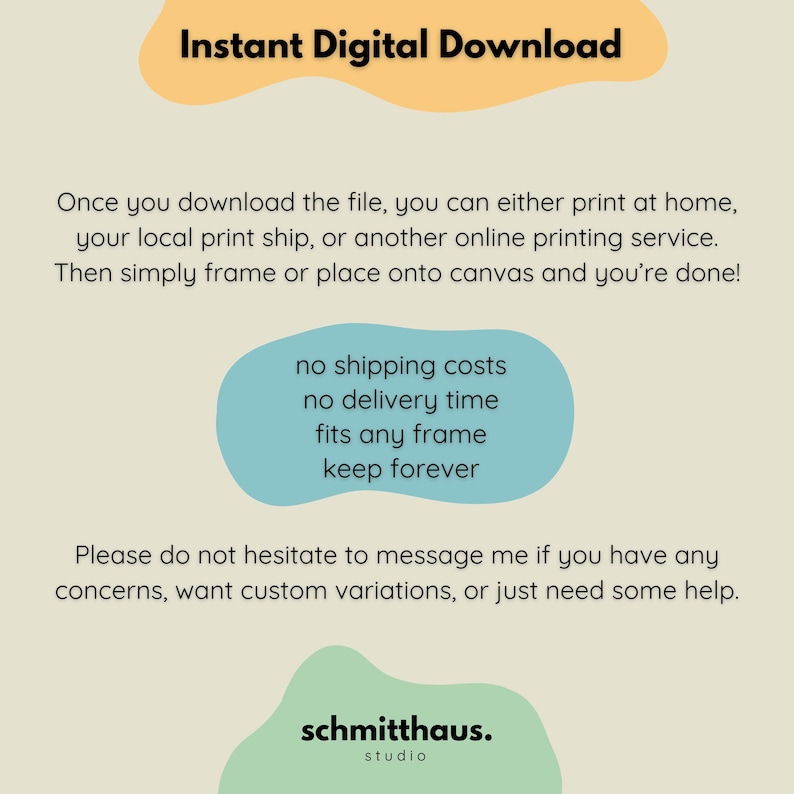 Puede incluir: Gr&aacute;fico de descarga digital con el texto "Descarga digital instant&aacute;nea". Texto adicional explica c&oacute;mo imprimir el archivo en casa o a trav&eacute;s de un servicio. Un &oacute;valo azul claro indica "sin gastos de env&iacute;o, sin tiempo de entrega, se adapta a cualquier marco, guardar para siempre."