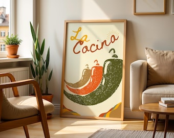 Arte de pared de cocina mexicana de Chile, impresión de cultura mexicana, arte vintage mexicano, póster de cocina de México, póster de arte retro mexicano, arte de cocina de México
