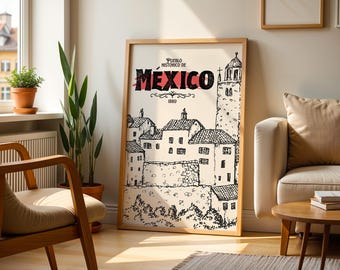 May include: Black and white illustration of a historic town in Mexico. The illustration features a tall tower with a bell, several buildings with tiled roofs, and a stone wall. The text "Pueblo Historico de Mexico 1889" is printed at the top of the illustration.