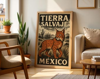 Mexikansk folkkonst med lodjur | Mexikansk konsttryck Djurtavlornas väggkonst Mexikansk väggkonst Mexikansk kulturtryck Mexikansk kaktuskonst Mexikansk konst Mexikansk poster