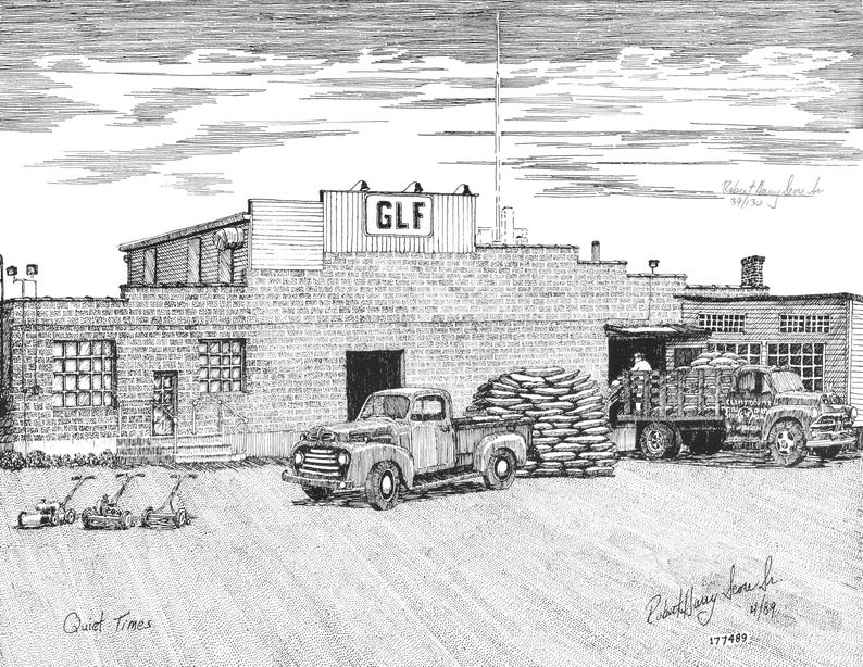 May include: A black and white pen and ink drawing of a brick building with the letters "GLF" on the side. There is a truck parked in front of the building and a pile of bags in the back of the truck. The drawing is titled "Quiet Times" and signed by the artist.
