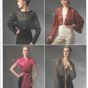 May include: Vogue accessories pattern V9276. The image shows four different fashion designs. The designs include a black lace top, a red lace bolero, a pink scarf, and a patterned jacket. The text "Tafa" is visible.
