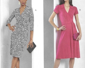 Vogue Pattern V1952 Knit Wrap Dresses have Front Bands, Front Bodice Pleats, Ties, Sleeve Length and Skirt Variations Misses' Sizes