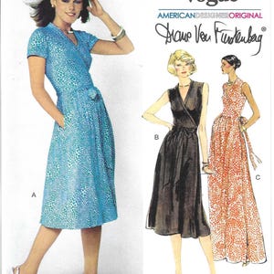 May include: A vintage sewing pattern from Very Easy Vogue, featuring designs by Diane Von Furstenberg. The pattern includes illustrations of wrap dresses in various styles. The main image shows a woman in a blue patterned wrap dress. The pattern size is H5 (6-8-10-12-14).