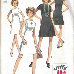 Simplicity Jiffy Pattern 8682 1970&#39;s Vintage A Line Dress Has High Neckline, Sleeve Variations, Above Knee Hemline Misses&#39; Size 14, 36&quot; Bust