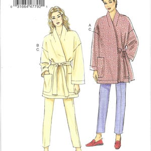 May include: A sewing pattern for a robe and pants set. The illustration shows two figures wearing different versions of the robe and pants. The robe is available in a solid color or a patterned design. The pattern is designed and printed in the USA.
