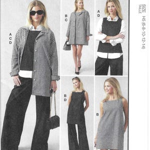 May include: McCall's sewing pattern featuring various garment designs. The image showcases a black and white checkered coat, a black dress, and other clothing items. The pattern includes sizes H5 (6-8-10-12-14).