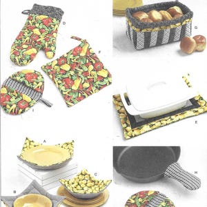 May include: Simplicity pattern S9365 featuring various kitchen accessories. Includes an oven mitt, pot holders, bowl cozies, a bread basket, and a pan with a handle cover. The accessories have a colorful fruit and vegetable print.