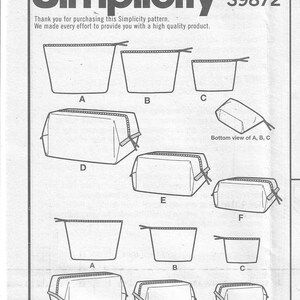 May include: A Simplicity S9872 sewing pattern instruction sheet featuring line drawings of various zippered pouches labeled A through F. The illustrations show flat, boxy, and bottom views of different sizes of pouches with zipper closures.