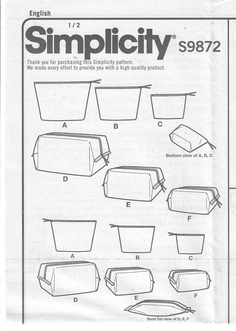 May include: A Simplicity S9872 sewing pattern instruction sheet featuring line drawings of various zippered pouches labeled A through F. The illustrations show flat, boxy, and bottom views of different sizes of pouches with zipper closures.