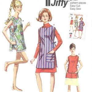 May include: Vintage sewing pattern for a 1960s style dress with a striped, red, and blue design. The pattern is called "Il Jiffy" and is from Simplicity.