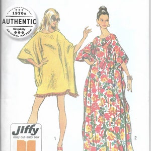 May include: Simplicity pattern 5628, featuring two 1970s-style dresses. One is a yellow poncho with fringe, the other a floral print maxi dress. The package includes the text "Authentic" and "Jiffy easy cut - easy sew".
