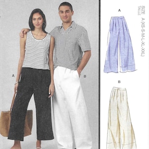May include: McCall's sewing pattern M8588 featuring a variety of wide-leg pants. The image shows a woman in black pants and a striped tank top, and a man in white pants and a striped shirt. The pattern includes multiple view options.