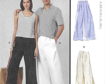 McCall's Pattern M8588 Unisex Wide Leg Pants in 2 Lengths have Front Fly Zip, Front Pleats, Elastic Casing Back, Side Pockets Sizes XS - XXL