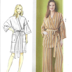 May include: Butterick pattern B7047 featuring illustrations of a robe and a striped pajama set. The pajama set is brown and cream striped. The pattern includes sizes S-XXL. The text "Designed and printed in USA" is visible.