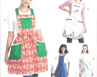 Simplicity Pattern S9435 Bib Front Aprons Have Straps That Cross in Back, Tie in Front, Patch Pockets, Hem Variations Misses' Sizes XS - XL
