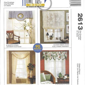 May include: McCall's Home Dec 2613 sewing pattern envelope featuring four window treatment designs: a plaid cornice, a sheer ribbon shade, a swag with side panels, and a teardrop valance. The cover displays finished examples of each style.