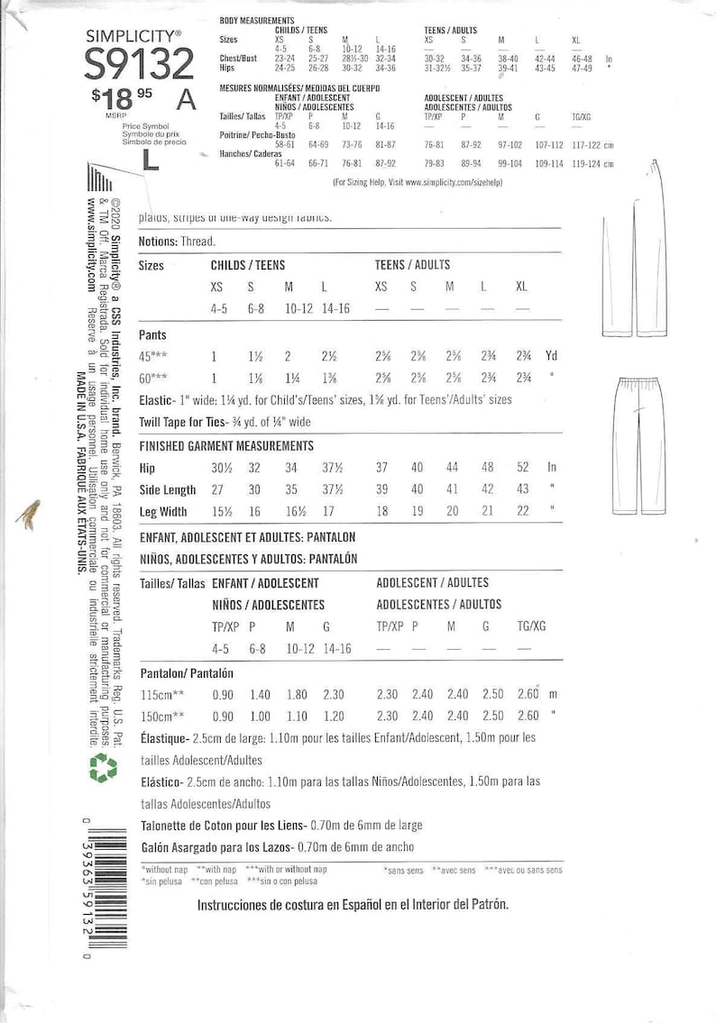 Simplicity Pattern S9132 Easy to Sew Pull on Pajama or Lounge Pants ...