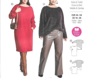 Burda Pattern 5796  Pullover Knit Dress and Top have High Neckline, Dropped Shoulder Seams and Long Sleeves Misses' Sizes 18 - 28