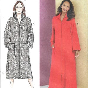 May include: Butterick pattern B6967 featuring two robe designs. One robe has a leopard print, a zip front, and pockets. The other is a solid red robe with a zip front and pockets. The pattern size is AA (XS-S-M-L-XL).