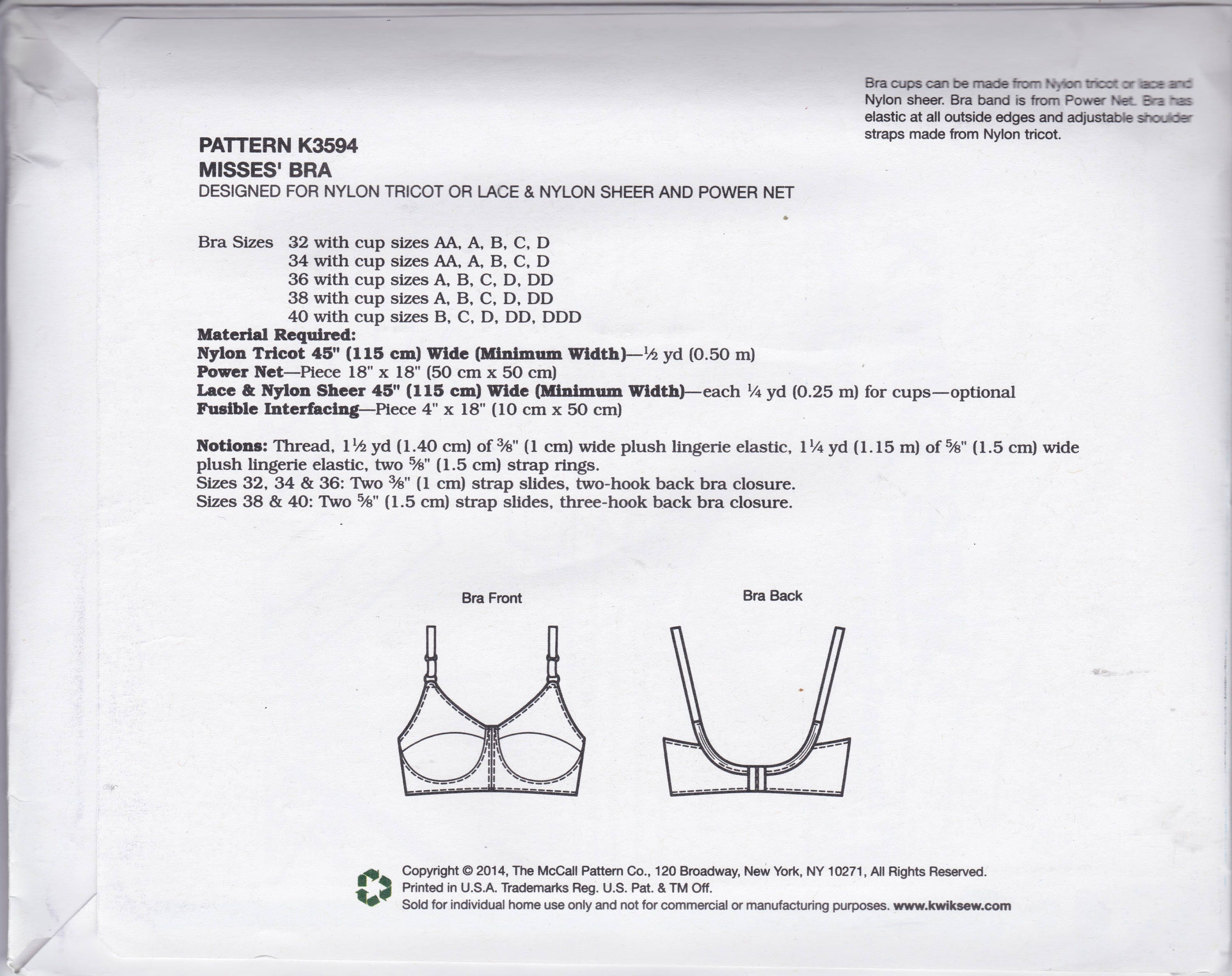 Kwik Sew Pattern K3594 Bras With Seamed Cups, Adjustable Straps, Two Hook  Back Closure & Topstitching Detail Misses 32AA 40DDD OOP HTF -  Hong  Kong