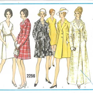 May include: Vintage Vogue's Basic Design sewing pattern featuring illustrations of women's coats and dresses. The designs include a white dress, a red plaid coat, a black floral coat, and yellow coats. The pattern number is 2256.