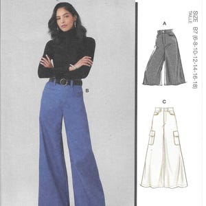 May include: McCall's sewing pattern M8630 featuring a woman in a black turtleneck and blue wide-leg pants. The pattern includes illustrations of different pant styles, including wide-leg and cargo pants. Size B7 (6-8-10-12-14-16-18).