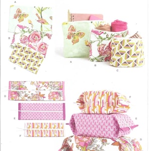 May include: Simplicity sewing pattern S9872 for zippered pouches in various sizes and prints. The pattern includes designs with butterflies, floral patterns, and geometric shapes in pink, green, and white. The package displays finished pouches.