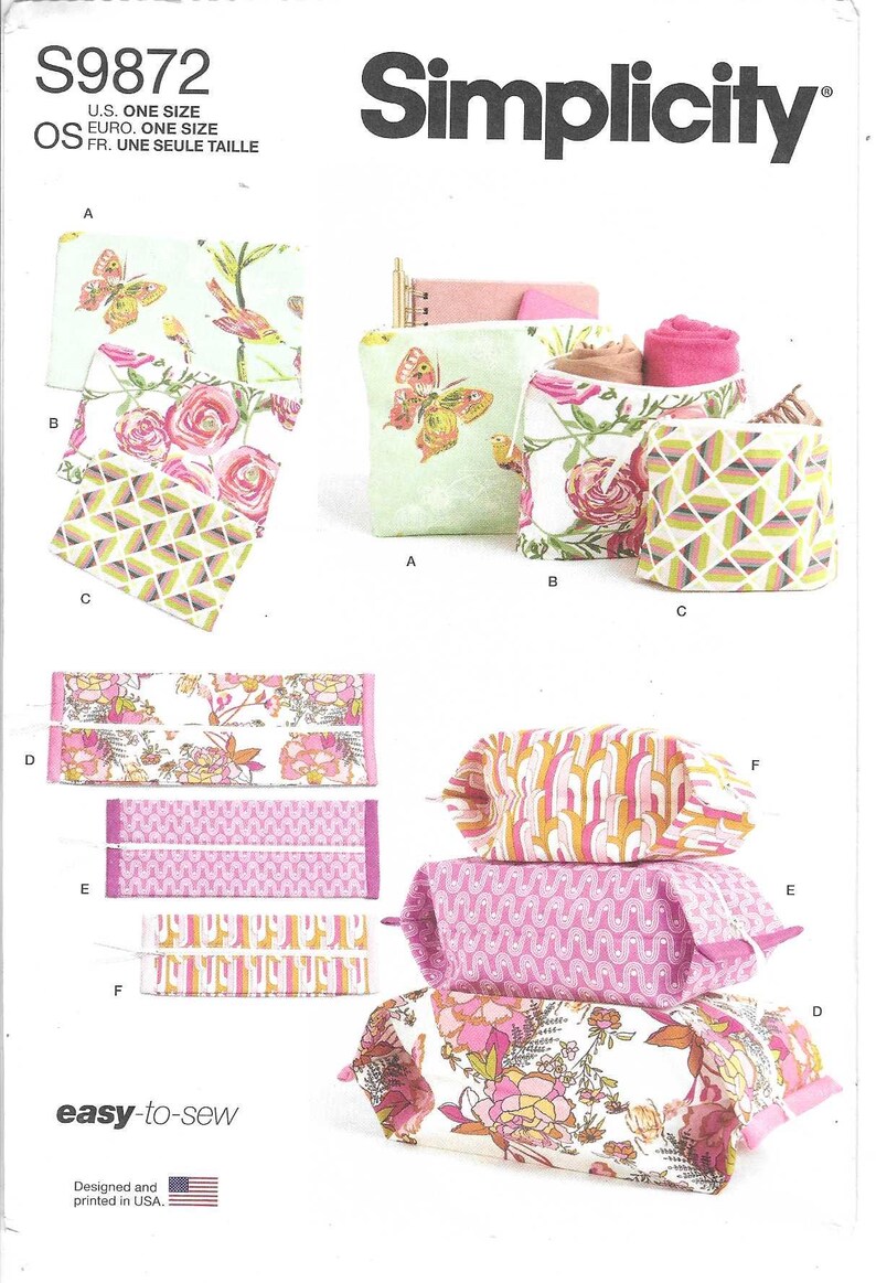 May include: Simplicity sewing pattern S9872 for zippered pouches in various sizes and prints. The pattern includes designs with butterflies, floral patterns, and geometric shapes in pink, green, and white. The package displays finished pouches.