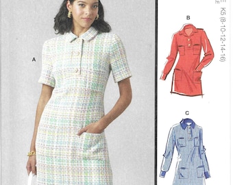 McCall's Pattern M8552 Semi-Fitted, Lined Dress Has Collar, Button Placket, Patch Pockets and Sleeve Variations, Misses' Sizes