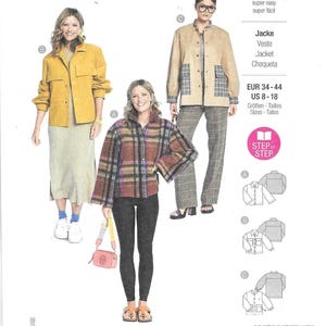 May include: A Burda Easy sewing pattern featuring three jacket designs. The cover shows women wearing the jackets in various colors and patterns. The pattern includes sizes US 8-18 and EUR 34-44. The text "super easy" is displayed.