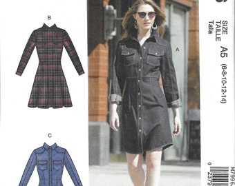McCall's Pattern M7996 Fitted Shirt Dress with Button Front Closing, Collar, 3 Pc Sleeves, Top Stitching, Hem Variations Misses' Sz 6 - 14